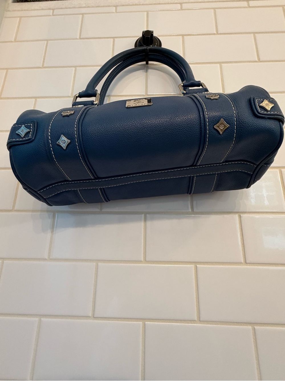 MCM Navy Blue Leather Barrel Shoulder Bag with Silver Hardware - Picture 4 of 6